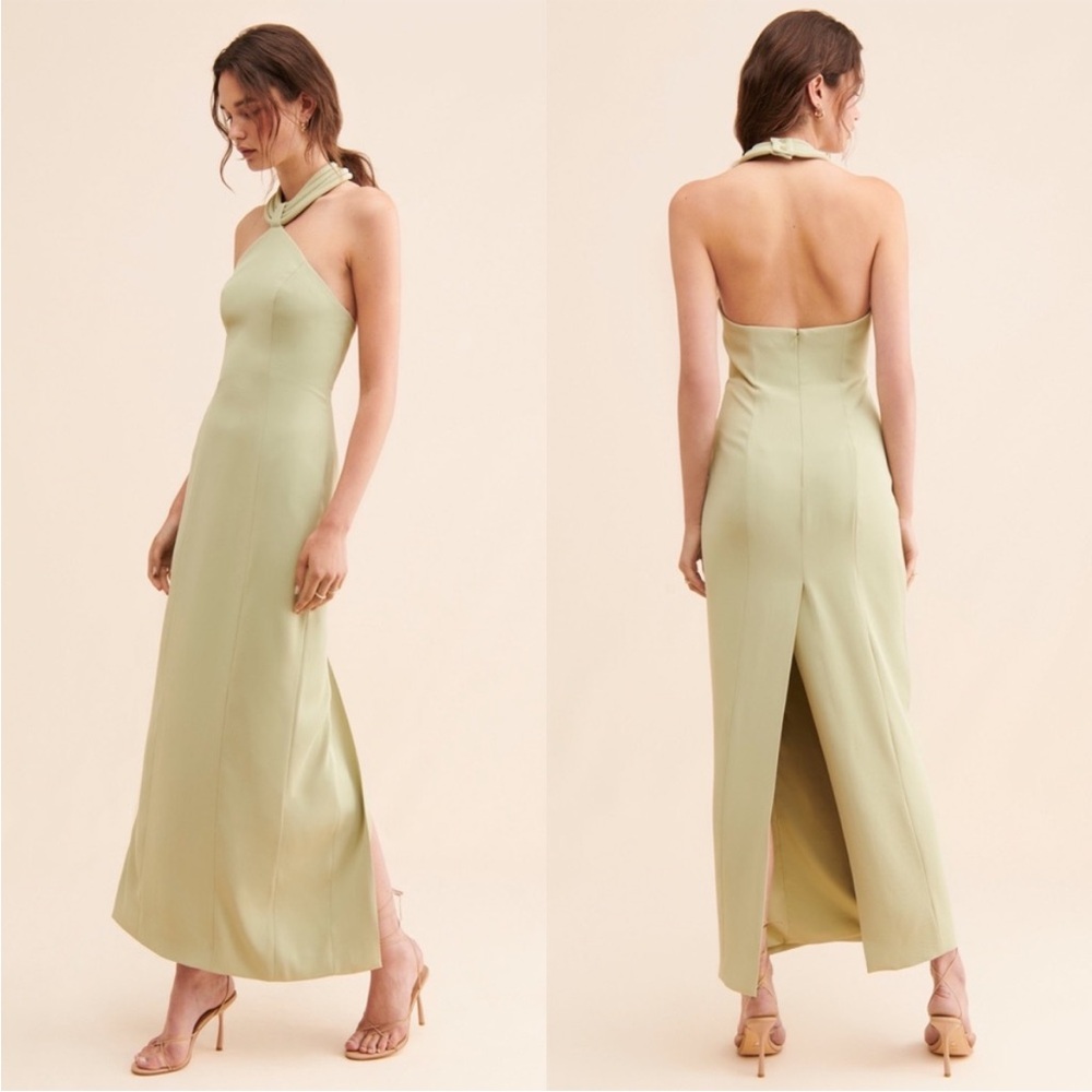 Ronny Kobo Lenox Halter Maxi Dress Gown Light Sage Green Size Medium $448